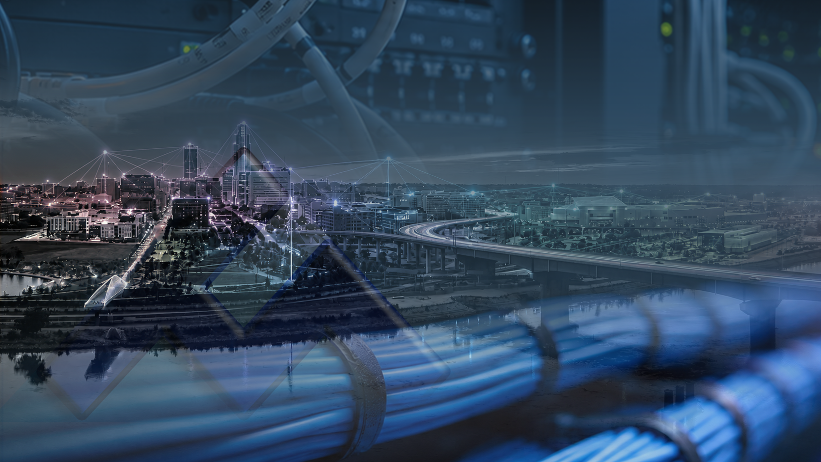 Cumstom image of Omaha Skyline depicting data transmissions/connectivity